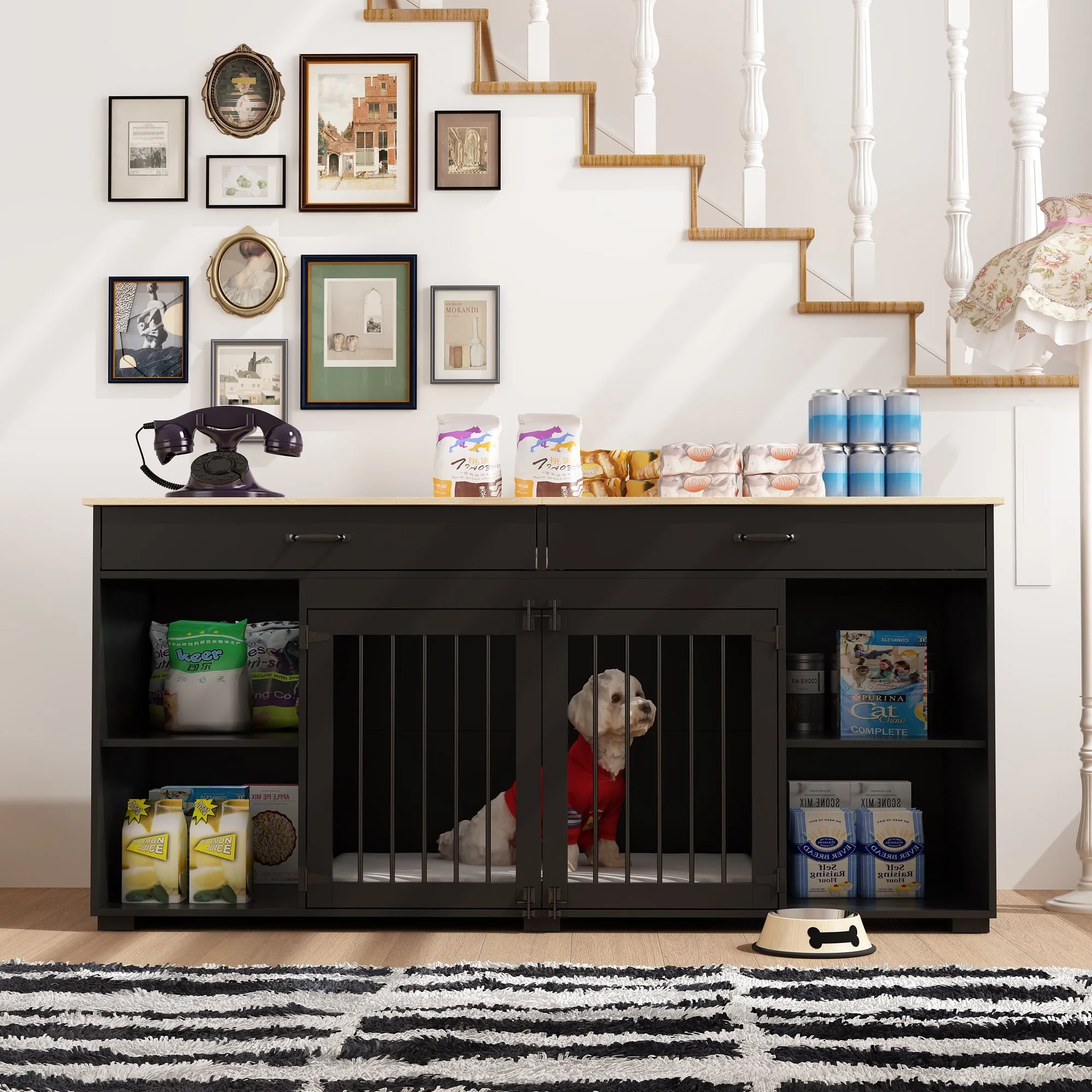 2-Drawer 4-Compartment Dog Crate with Double Doors