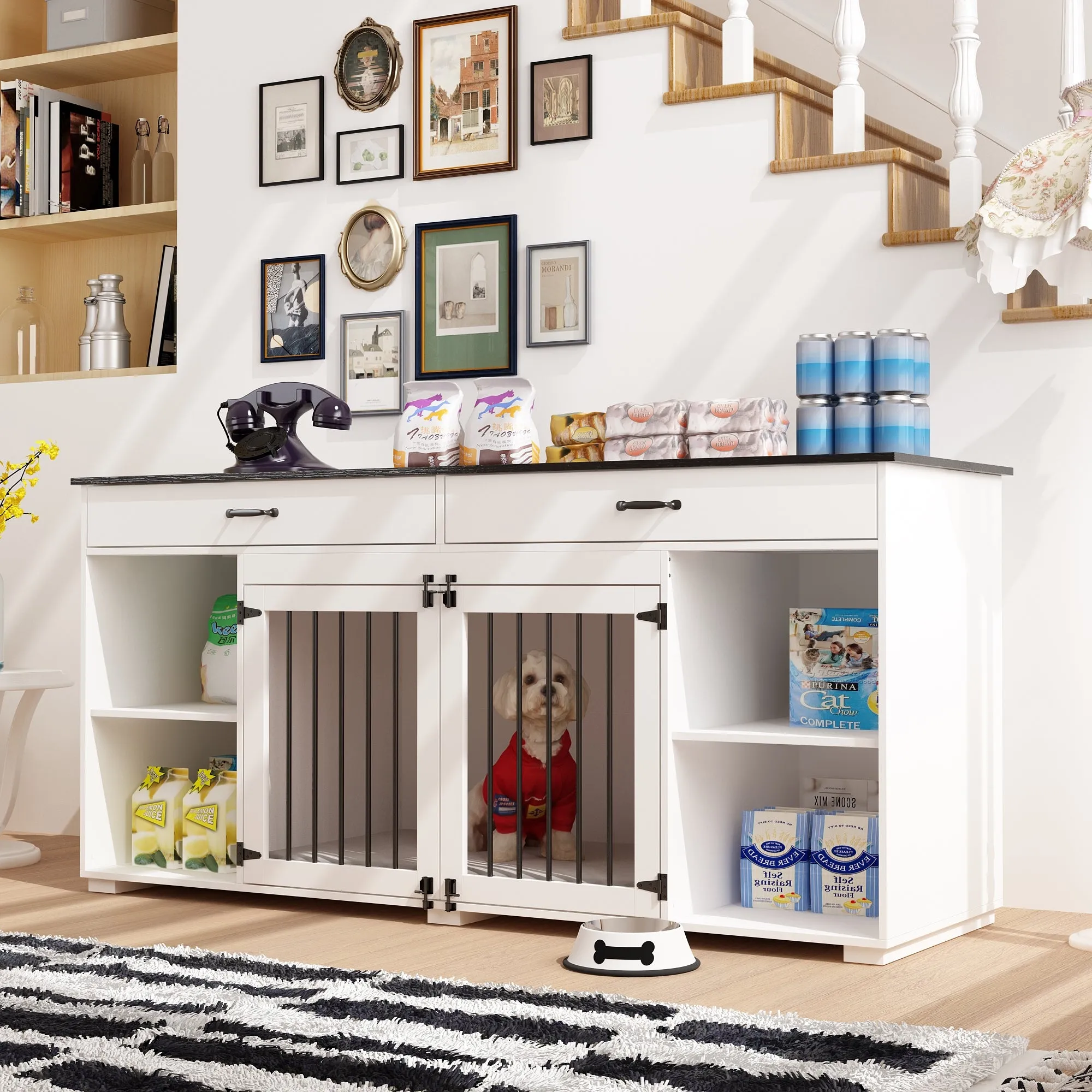 2-Drawer 4-Compartment Dog Crate with Double Doors