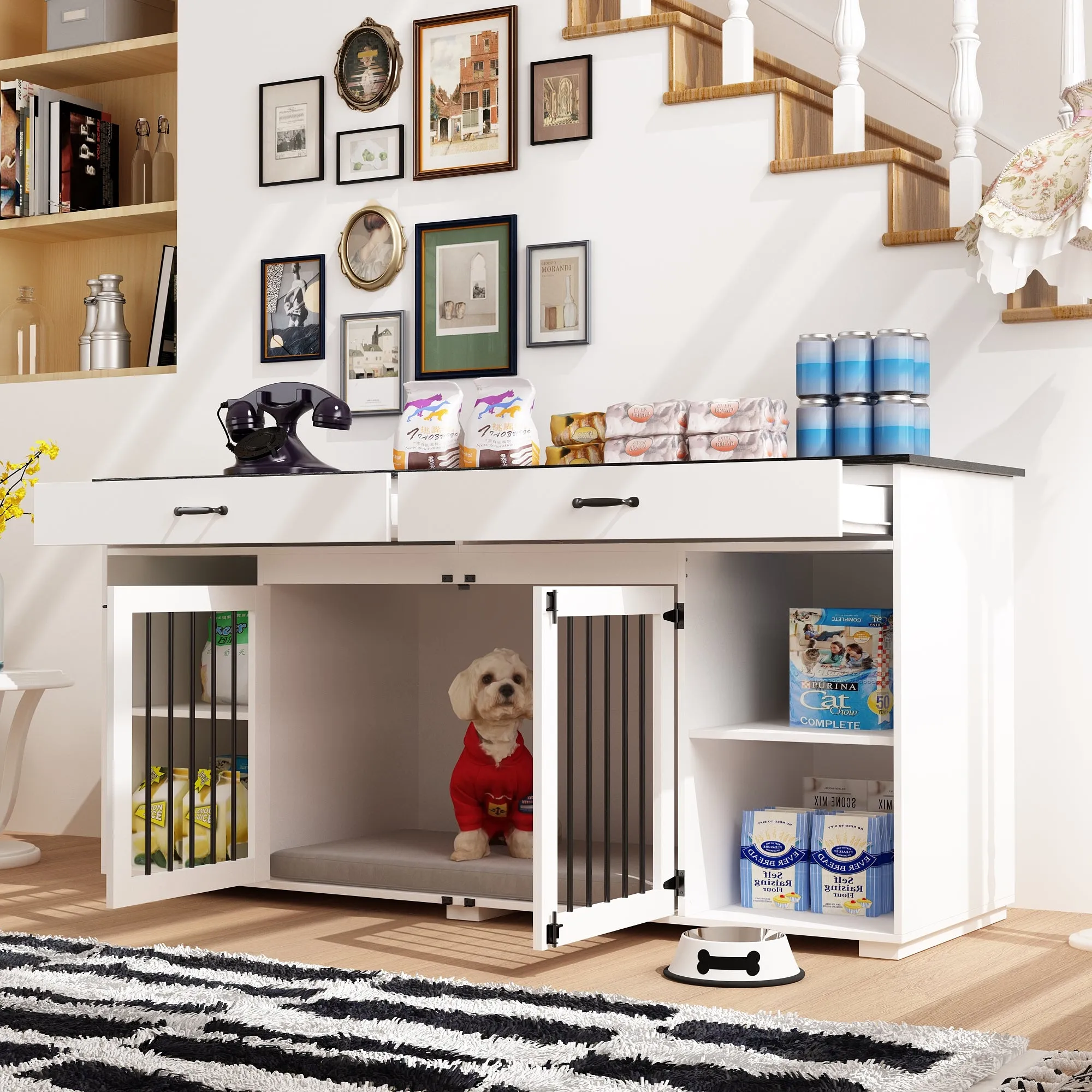 2-Drawer 4-Compartment Dog Crate with Double Doors