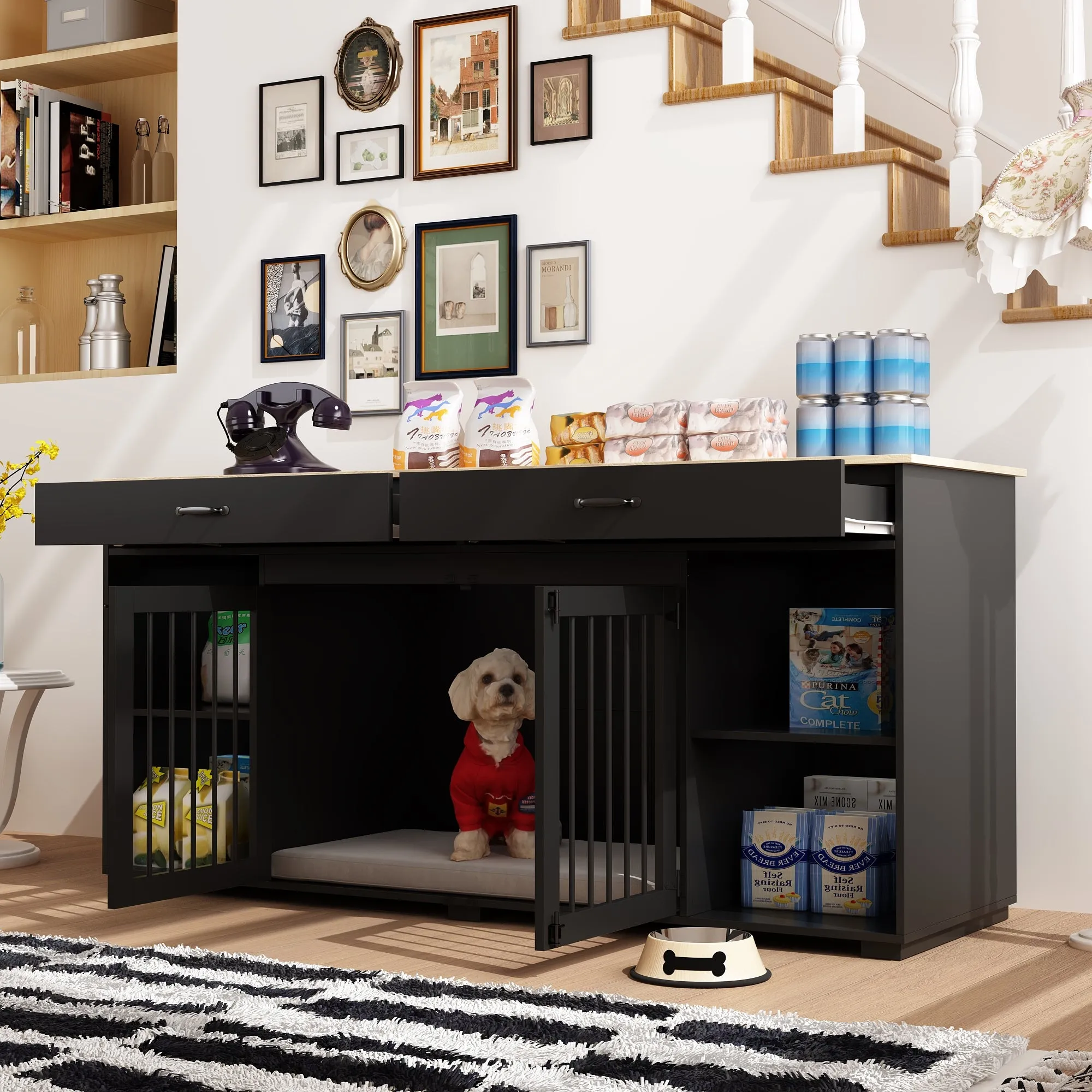 2-Drawer 4-Compartment Dog Crate with Double Doors