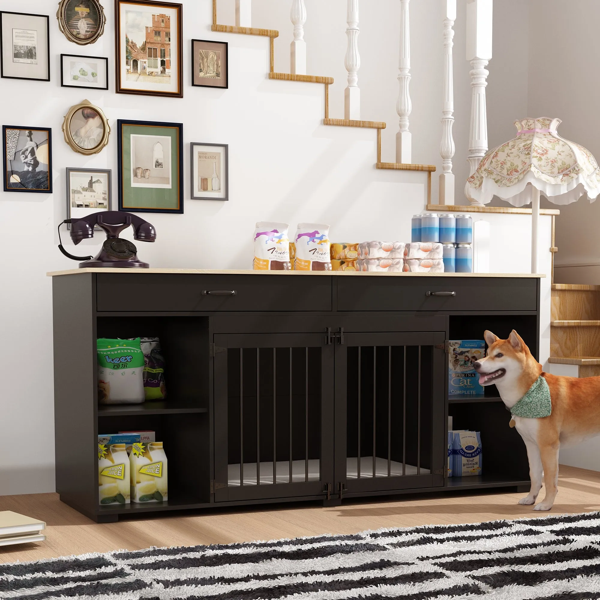 2-Drawer 4-Compartment Dog Crate with Double Doors