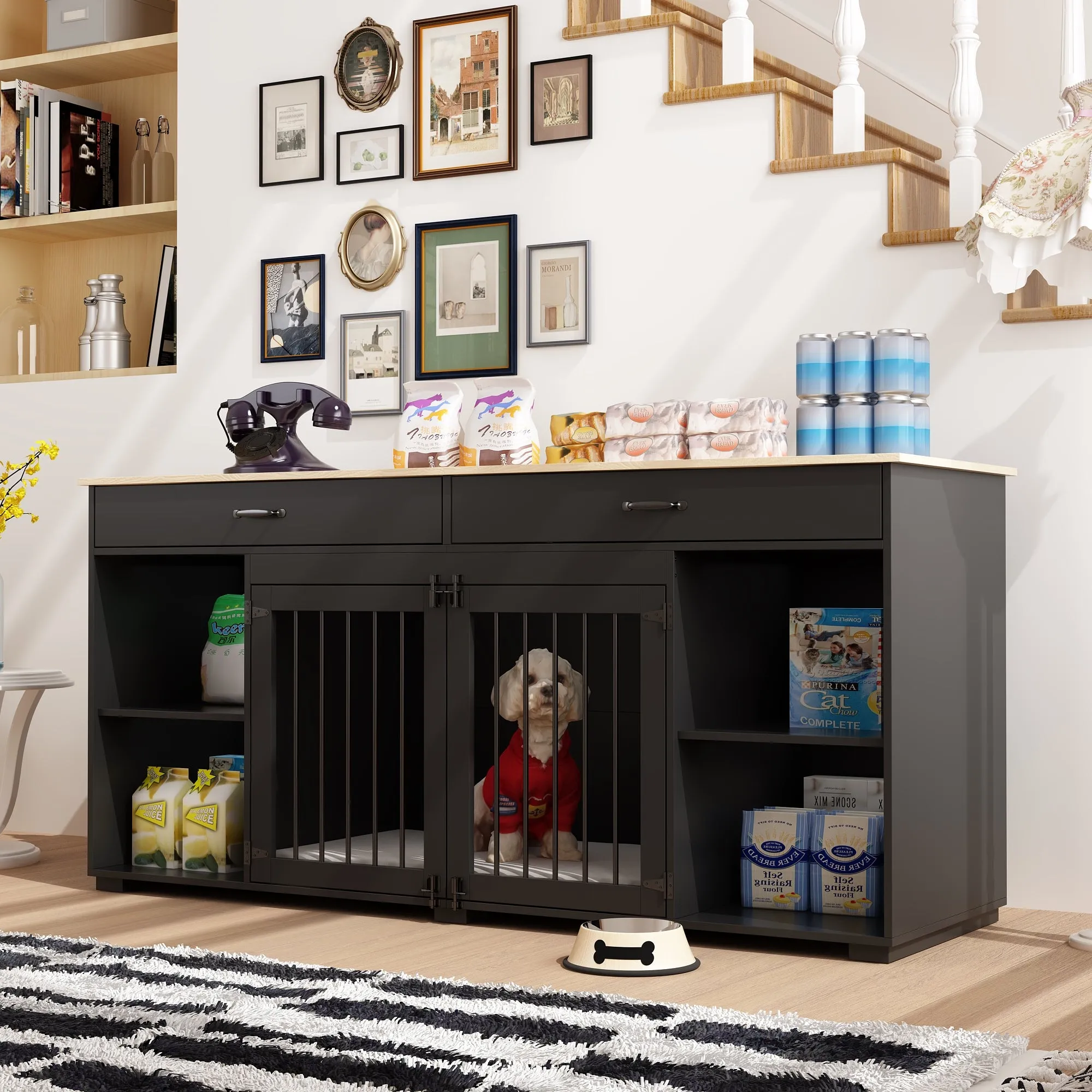 2-Drawer 4-Compartment Dog Crate with Double Doors