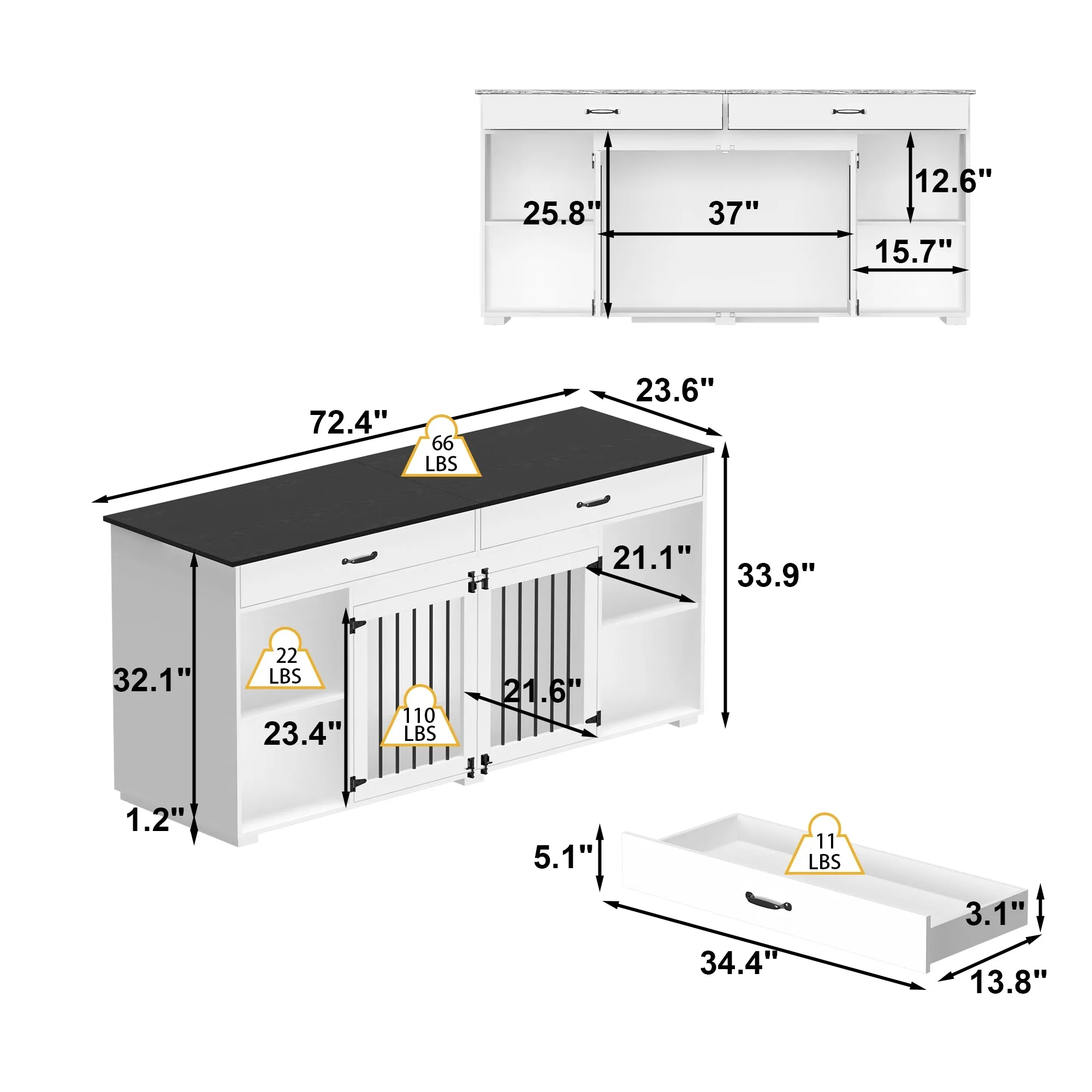 2-Drawer 4-Compartment Dog Crate with Double Doors