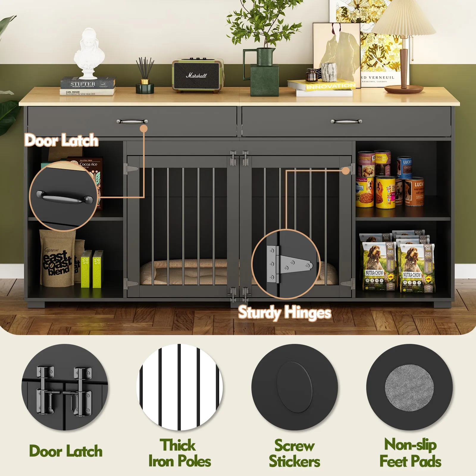 2-Drawer 4-Compartment Dog Crate with Double Doors