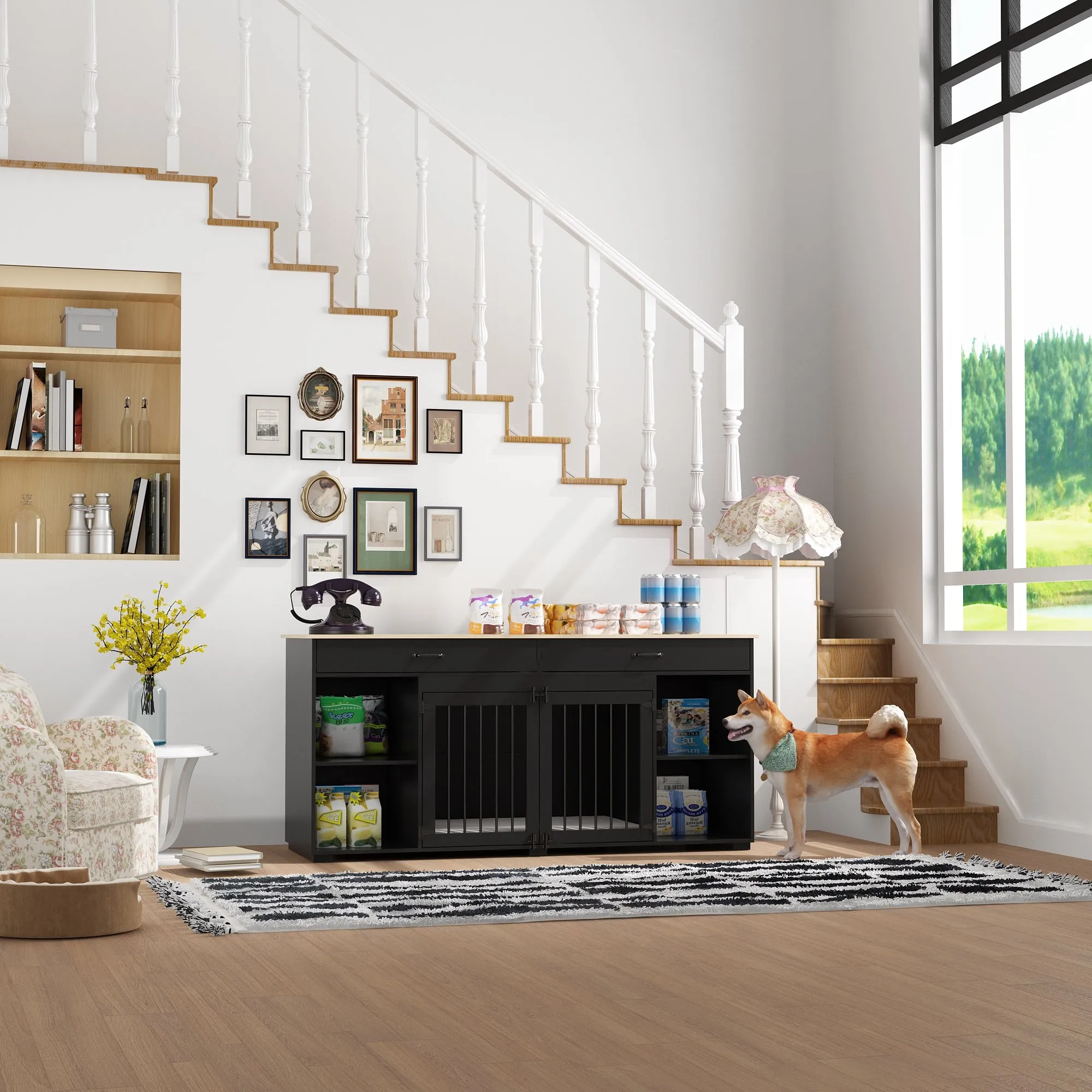 2-Drawer 4-Compartment Dog Crate with Double Doors