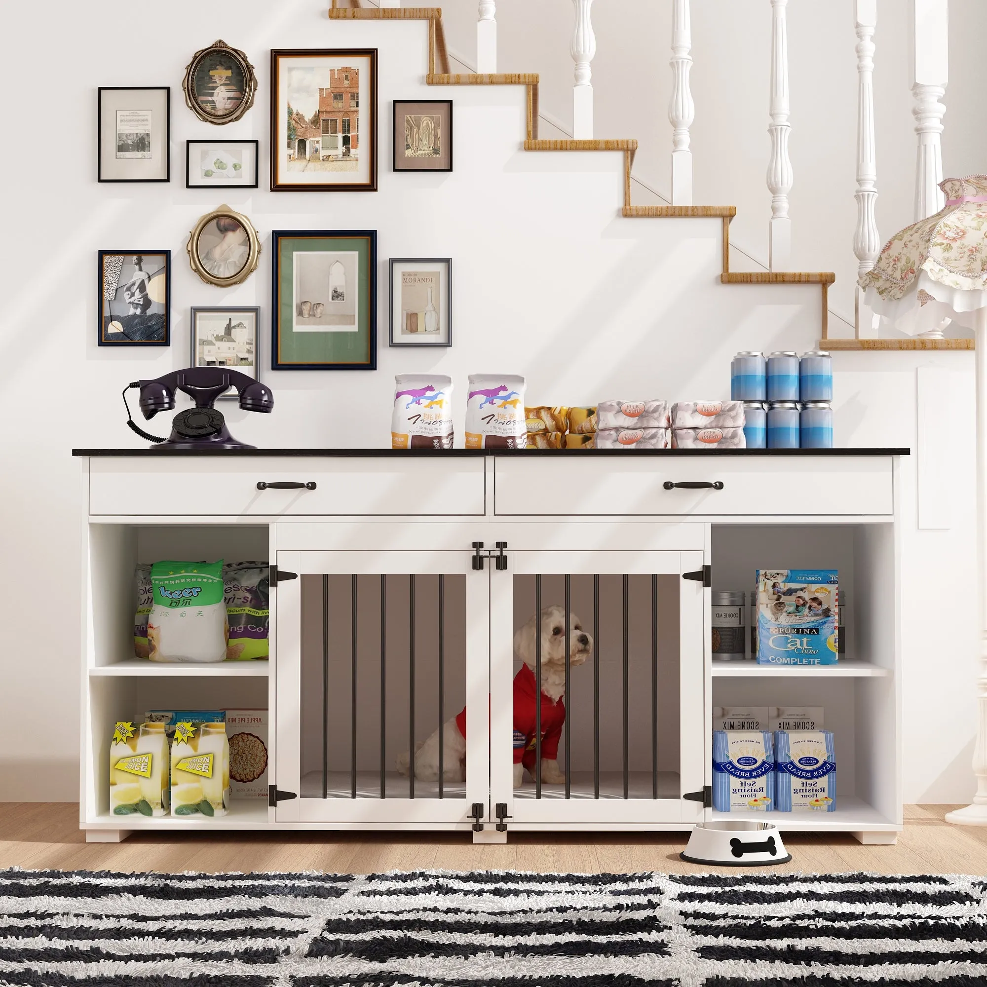 2-Drawer 4-Compartment Dog Crate with Double Doors