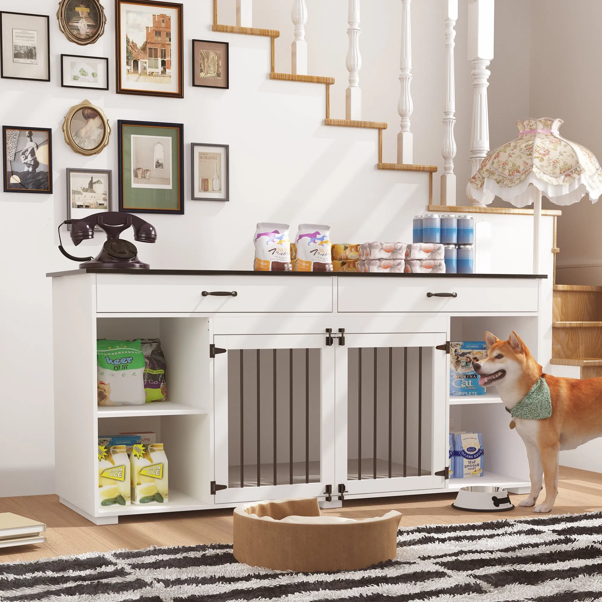 2-Drawer 4-Compartment Dog Crate with Double Doors