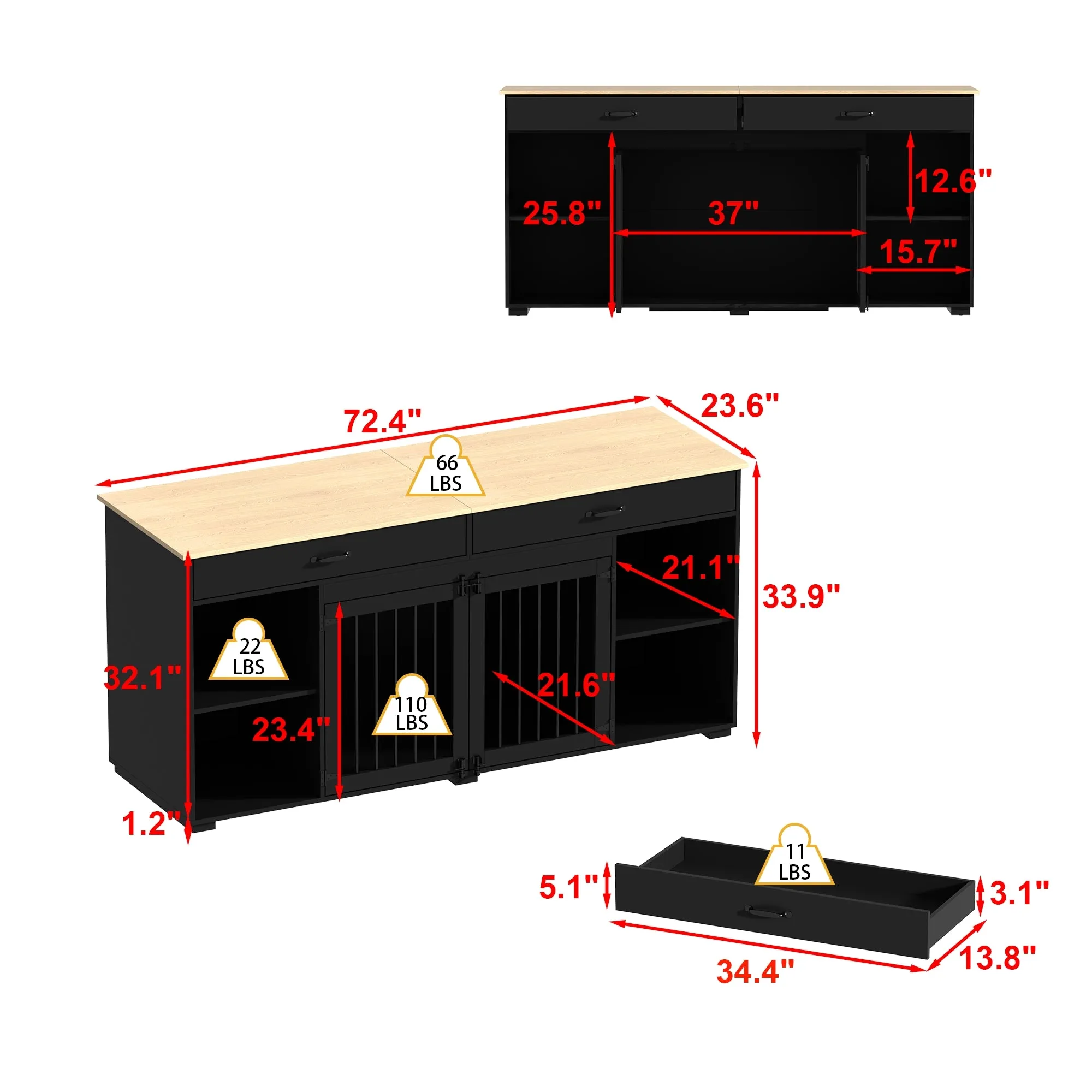 2-Drawer 4-Compartment Dog Crate with Double Doors