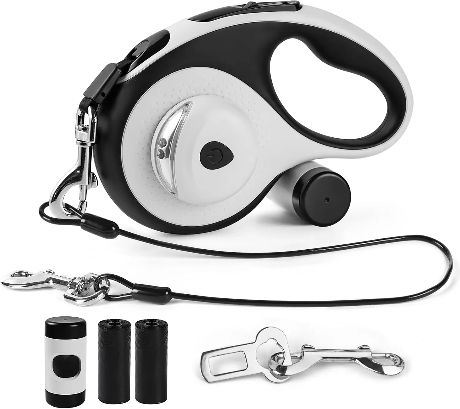 26ft Heavy Duty Retractable Dog Leash for Large Dogs, Dog up to 110lbs, with LED Light, Chew Proof Cable, Dispenser, Poop Bags, One-Handed Brake & Lock, 360 No Tangle (White , 26ft)