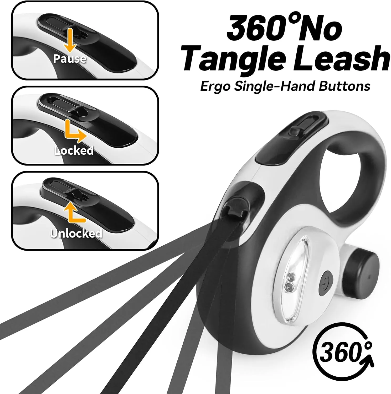 26ft Heavy Duty Retractable Dog Leash for Large Dogs, Dog up to 110lbs, with LED Light, Chew Proof Cable, Dispenser, Poop Bags, One-Handed Brake & Lock, 360 No Tangle (White , 26ft)