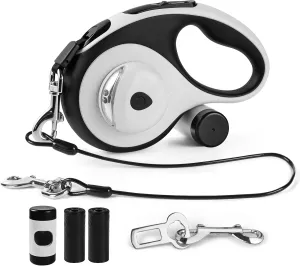 26ft Heavy Duty Retractable Dog Leash for Large Dogs, Dog up to 110lbs, with LED Light, Chew Proof Cable, Dispenser, Poop Bags, One-Handed Brake & Lock, 360 No Tangle (White , 26ft)