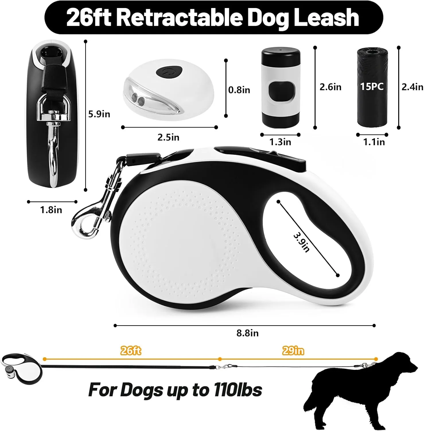 26ft Heavy Duty Retractable Dog Leash for Large Dogs, Dog up to 110lbs, with LED Light, Chew Proof Cable, Dispenser, Poop Bags, One-Handed Brake & Lock, 360 No Tangle (White , 26ft)