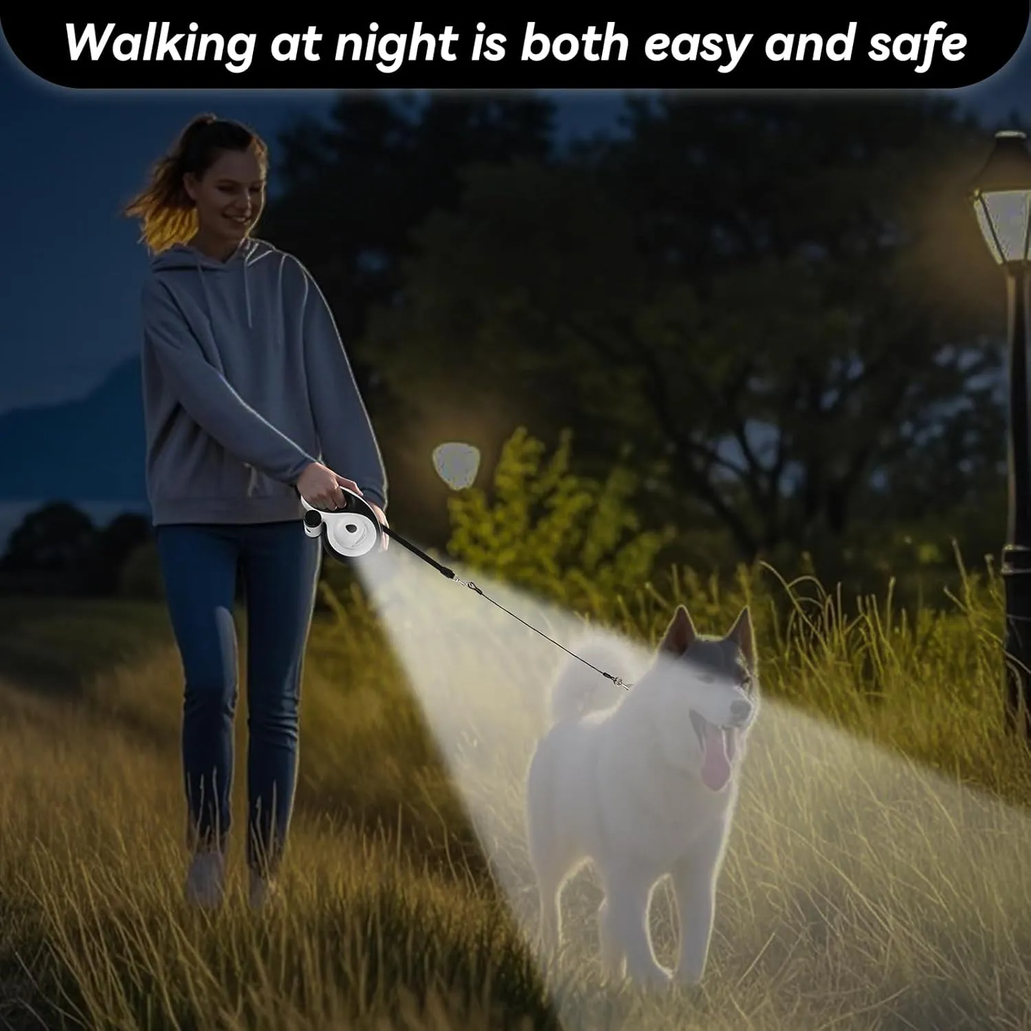 26ft Heavy Duty Retractable Dog Leash for Large Dogs, Dog up to 110lbs, with LED Light, Chew Proof Cable, Dispenser, Poop Bags, One-Handed Brake & Lock, 360 No Tangle (White , 26ft)