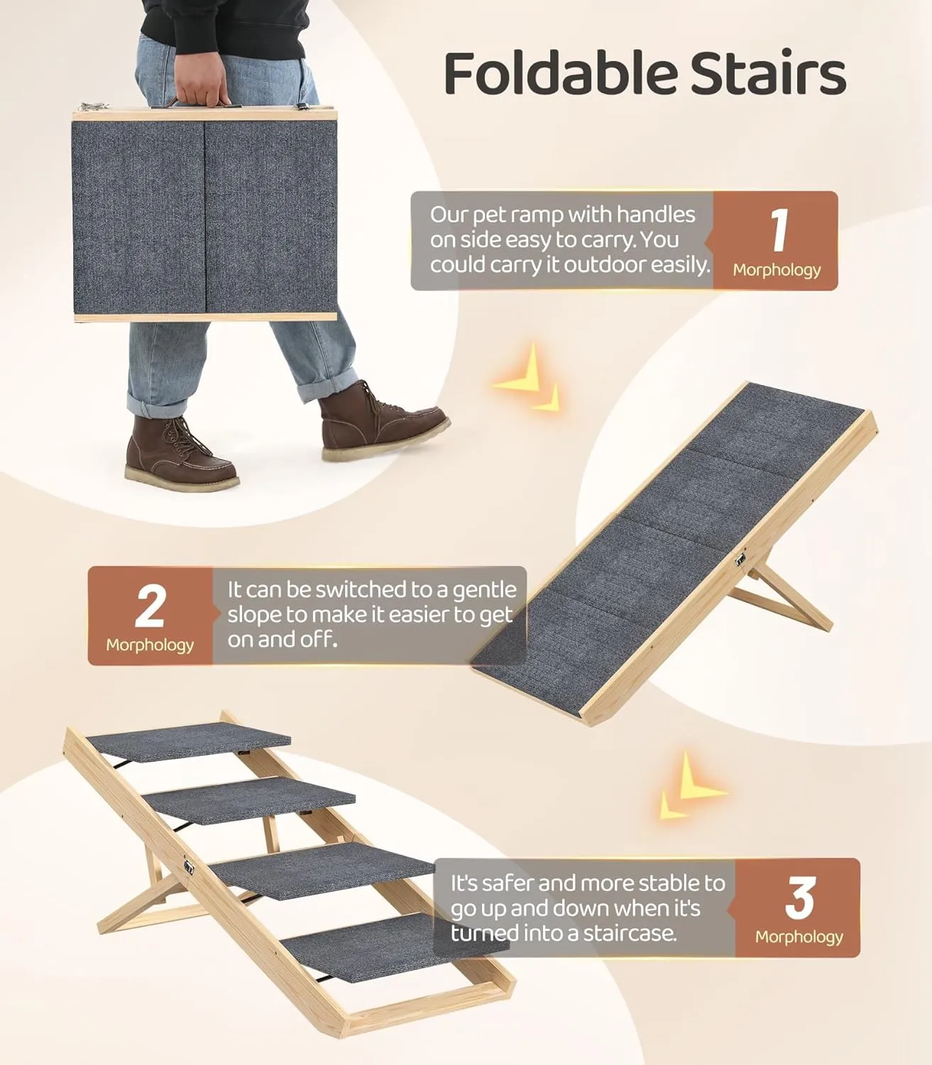 4 Tiers Wooden Dog Stair, Adjustable Wooden Dog Steps with Handle Foldable Dog Ramp for Bed Couch Car (Gray)