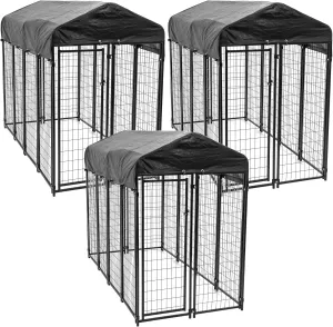 8ft x 4ft x 6ft Large Outdoor Dog Kennel Playpen Crate with Heavy Duty Welded Wire Frame and Waterproof Canopy Cover, Black (3 Pack)