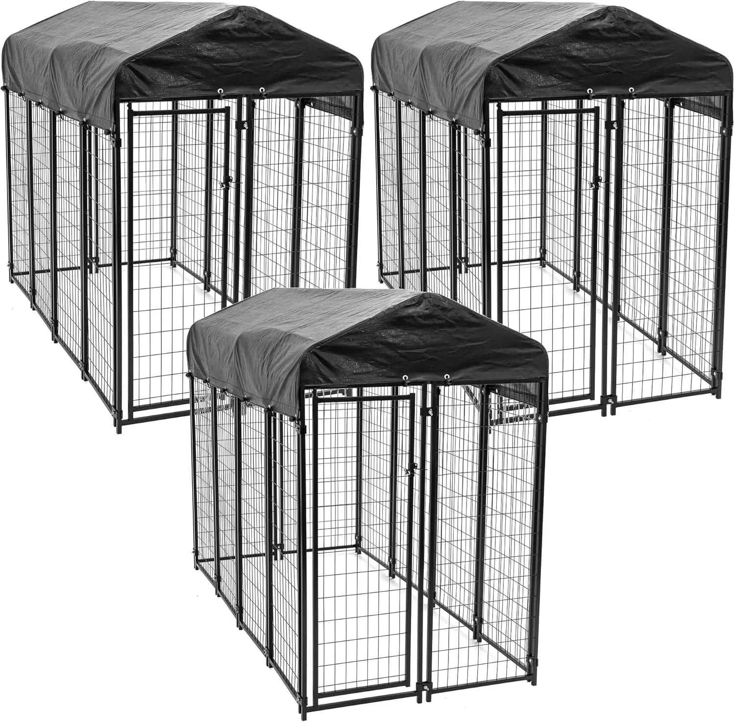 8ft x 4ft x 6ft Large Outdoor Dog Kennel Playpen Crate with Heavy Duty Welded Wire Frame and Waterproof Canopy Cover, Black (3 Pack)