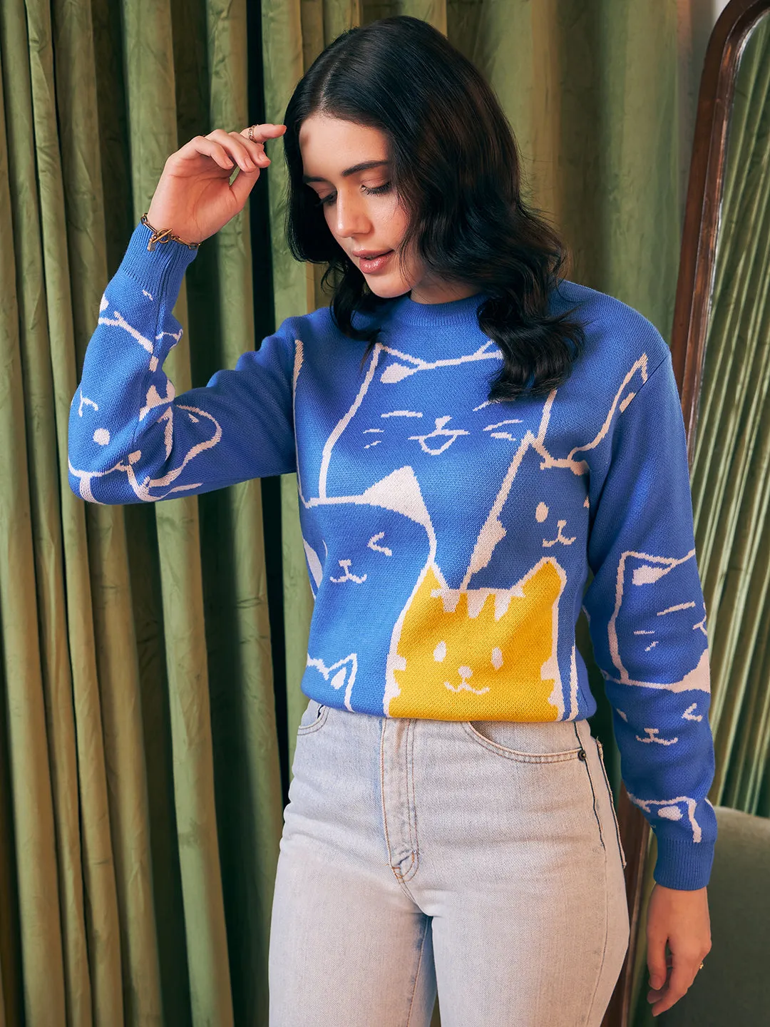 Berrylush Women Blue, White, & Yellow Cat Printed Round Neck Drop-Shoulder Sleeves Ribbed Hem Regular Sweater