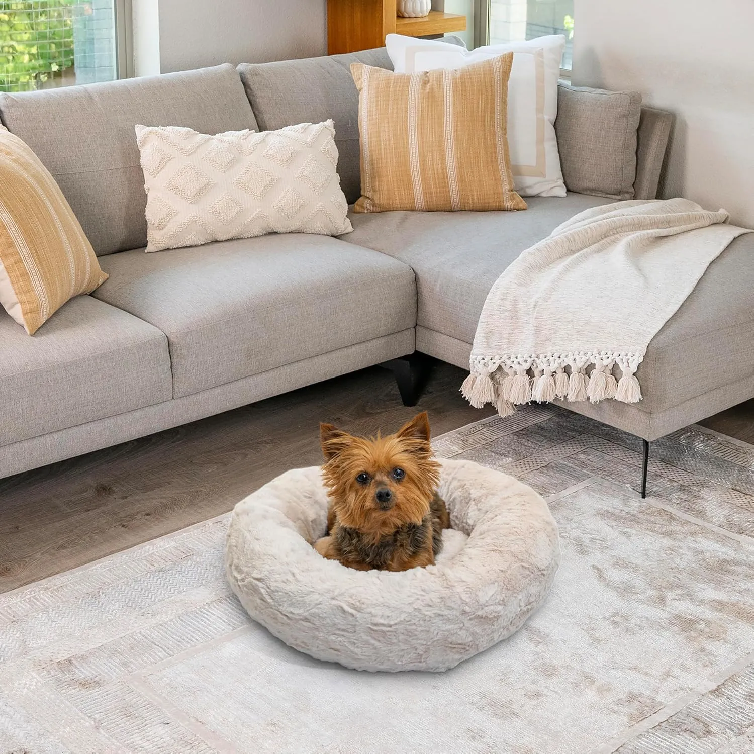 Best Friends by Sheri Original Calming Donut Dog and Cat Bed, Shag Faux Fur, Oyster, XS (18x18) - Helps Provide Anxiety Relief for Pets