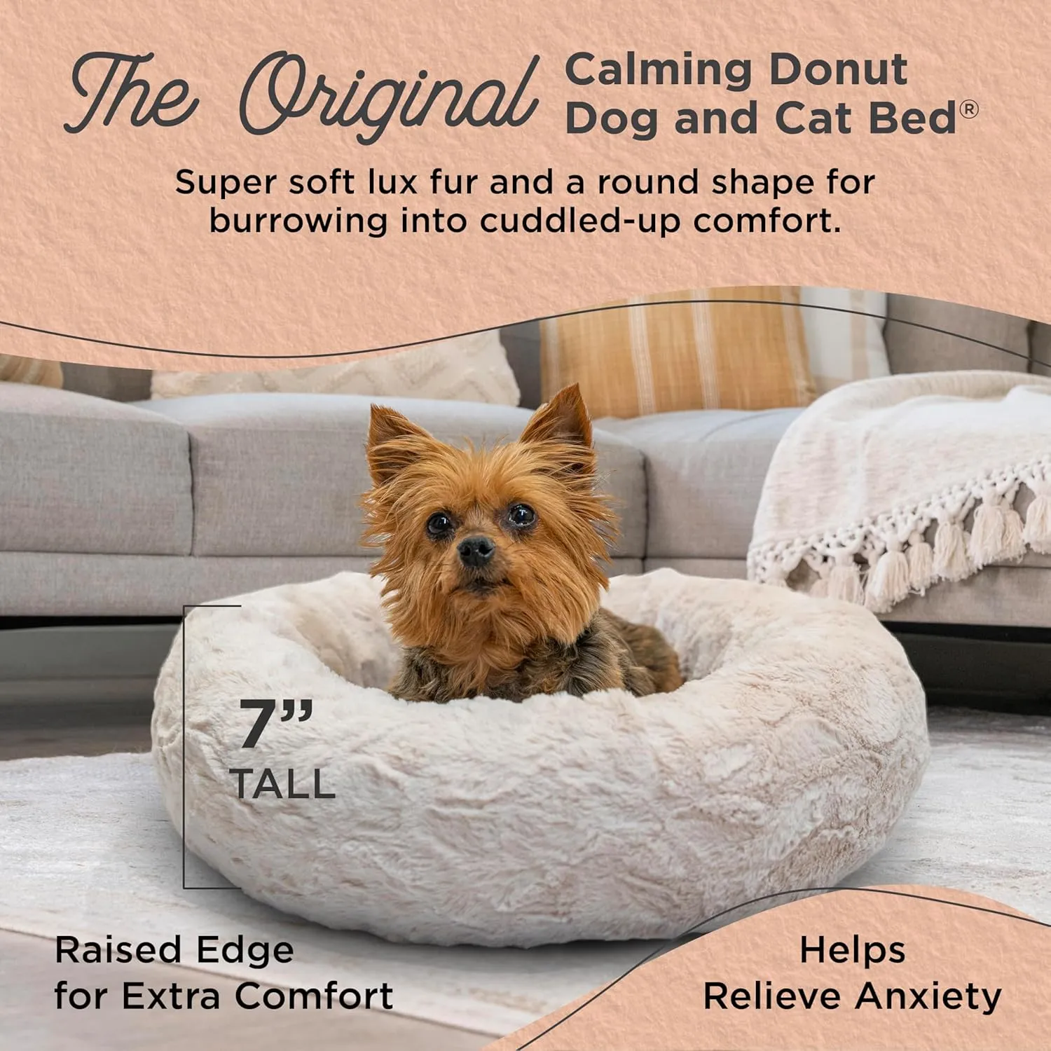 Best Friends by Sheri Original Calming Donut Dog and Cat Bed, Shag Faux Fur, Oyster, XS (18x18) - Helps Provide Anxiety Relief for Pets