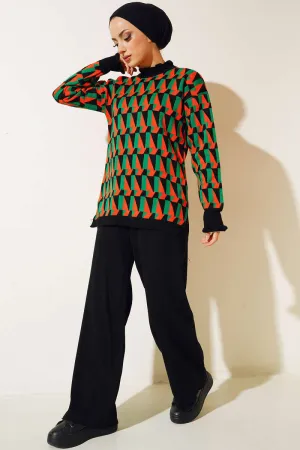 BNG Women Black Frilled Patterned Knit Sweater - Clermont