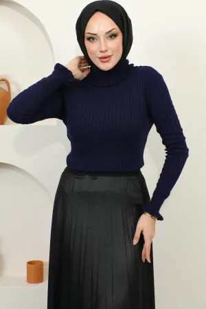 BNG Women Frilled Fisherman Collar Knit Sweater Navy - Clermont