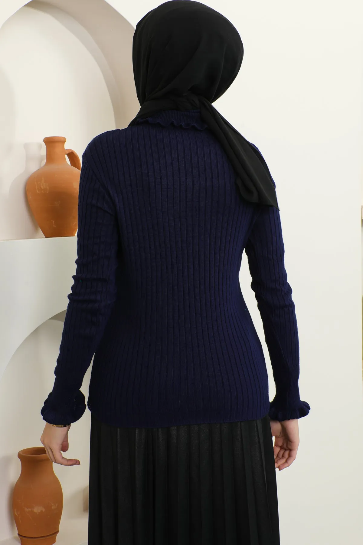 BNG Women Frilled Fisherman Collar Knit Sweater Navy - Clermont