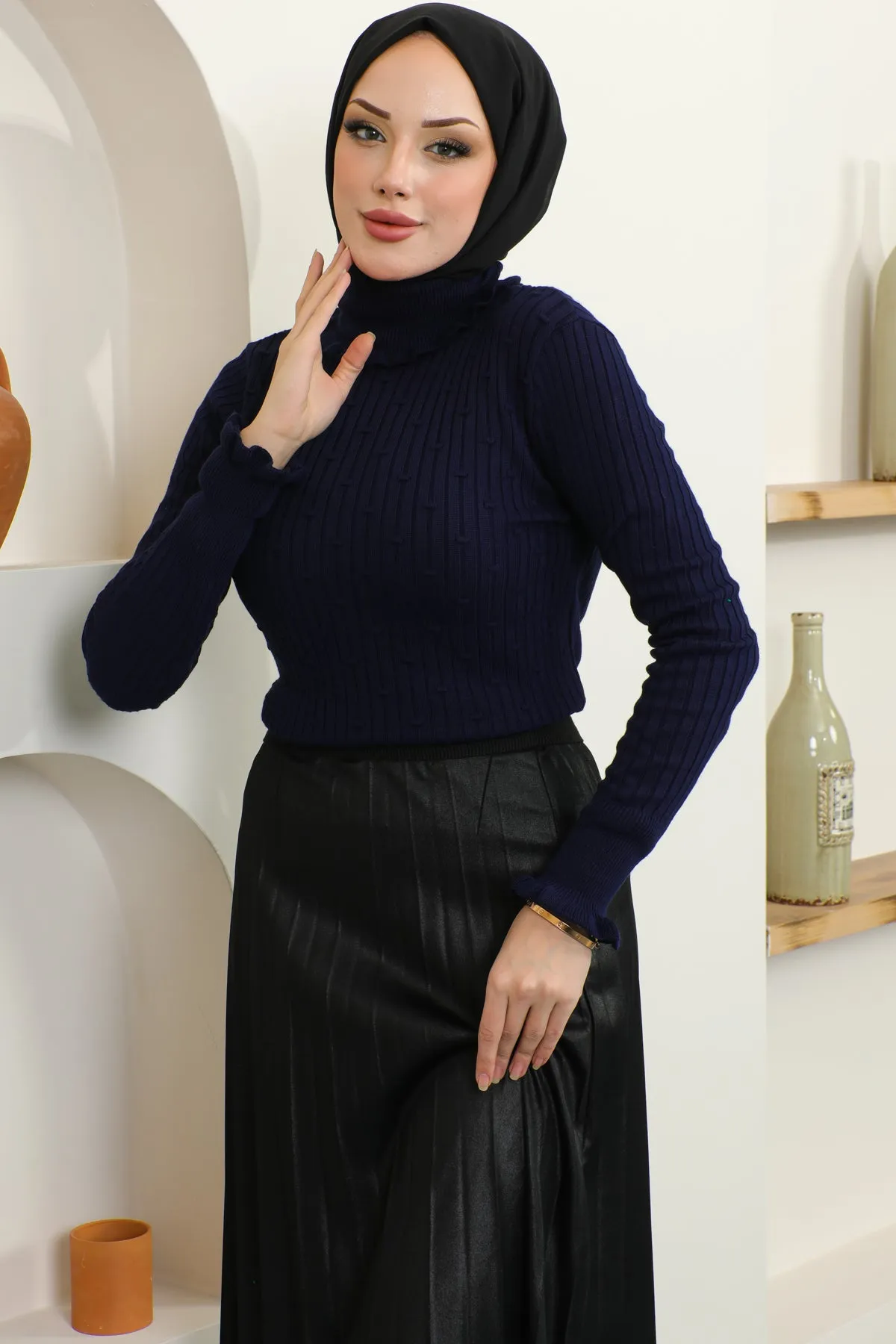 BNG Women Frilled Fisherman Collar Knit Sweater Navy - Clermont