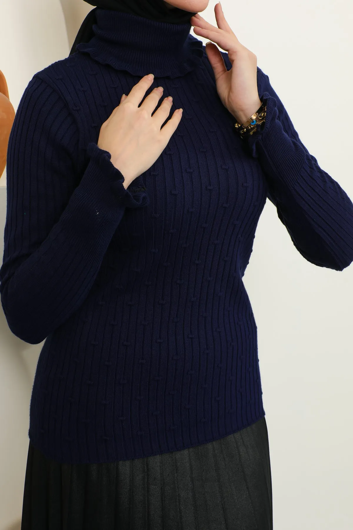 BNG Women Frilled Fisherman Collar Knit Sweater Navy - Clermont