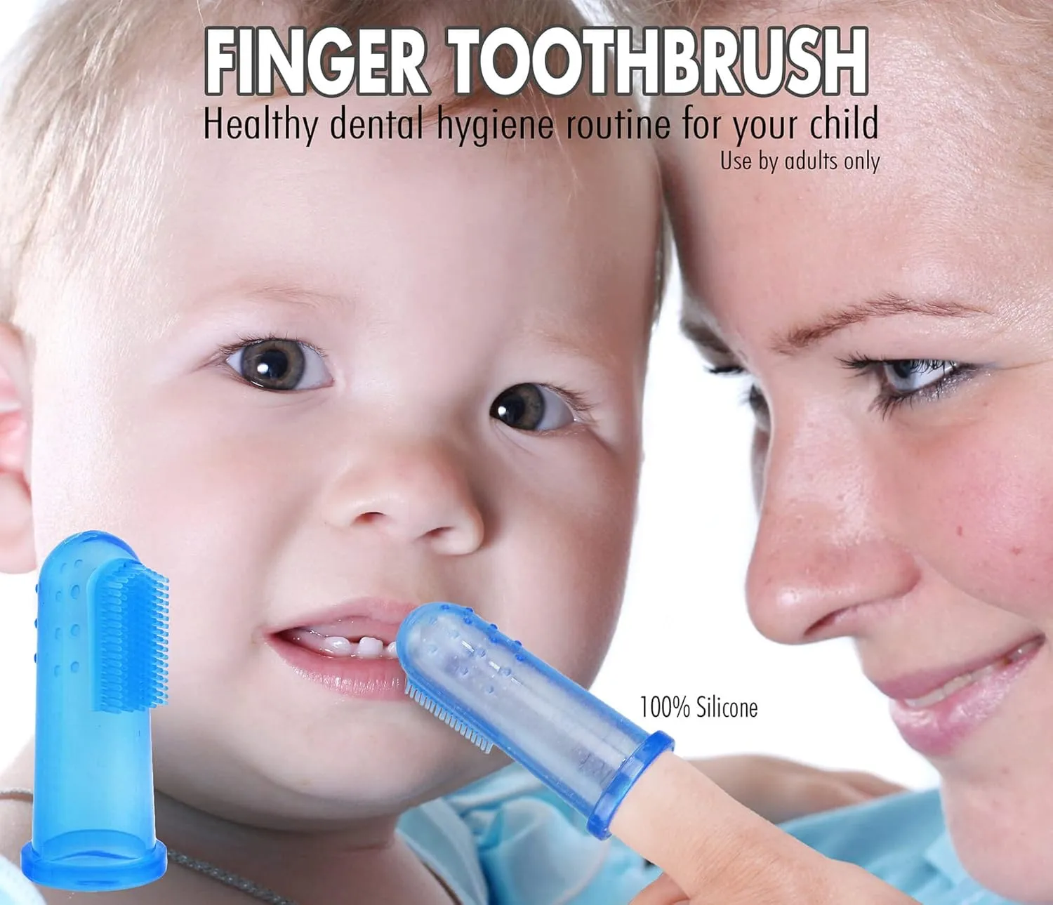 Brilliant Baby Finger Toothbrush - Silicone Gum Massager and Teether Brush for Infant and Toddler, 3 Months Old and Up, Gum and Tooth Cleaner, for Teething Relief- Oral Care, Blue/Clear, 2 (Pack of 2)