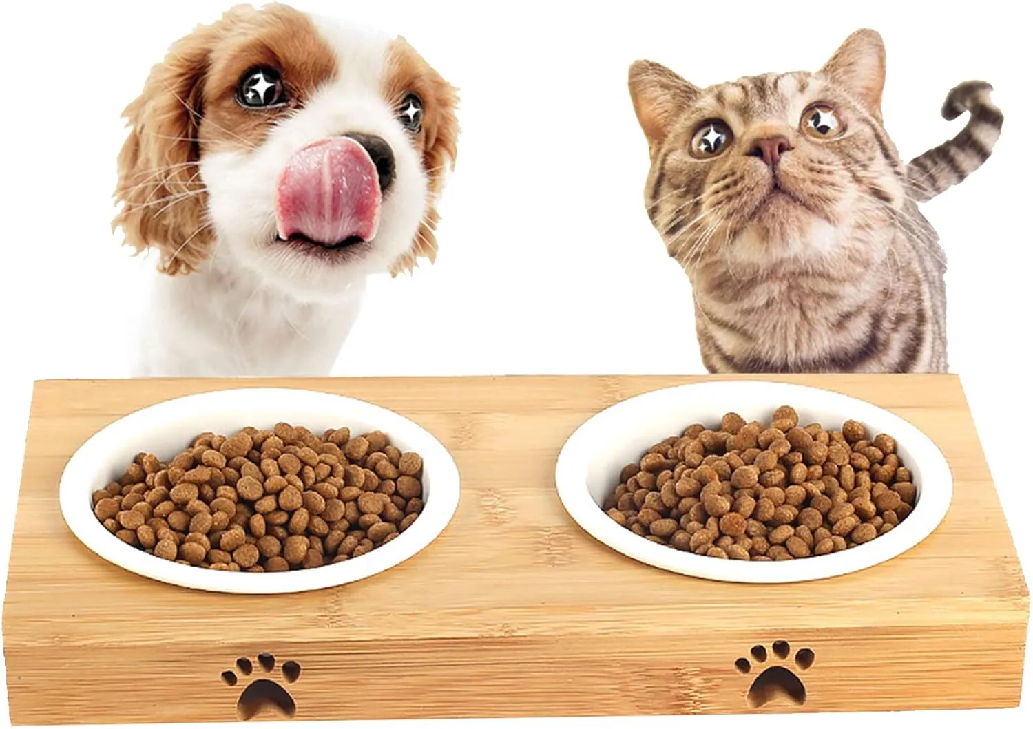 Cat Bowls,Elevated Bamboo Cat&Puppy Bowl for Food and Water,Raised Dog&Cat Feeder with Bamboo Stand with Stainless Steel/Ceramic Bowls,Cat Dishes Feeding Bowls,Anti-Slip Tilted Station