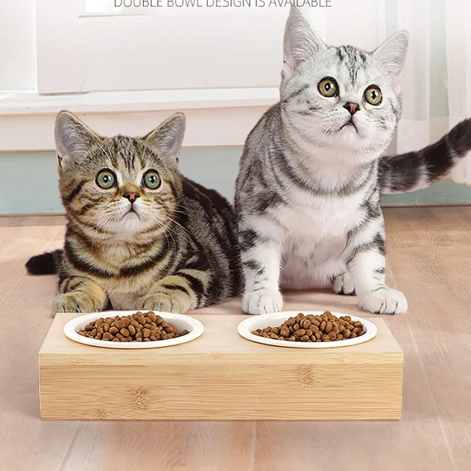 Cat Bowls,Elevated Bamboo Cat&Puppy Bowl for Food and Water,Raised Dog&Cat Feeder with Bamboo Stand with Stainless Steel/Ceramic Bowls,Cat Dishes Feeding Bowls,Anti-Slip Tilted Station