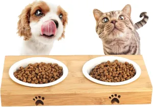 Cat Bowls,Elevated Bamboo Cat&Puppy Bowl for Food and Water,Raised Dog&Cat Feeder with Bamboo Stand with Stainless Steel/Ceramic Bowls,Cat Dishes Feeding Bowls,Anti-Slip Tilted Station
