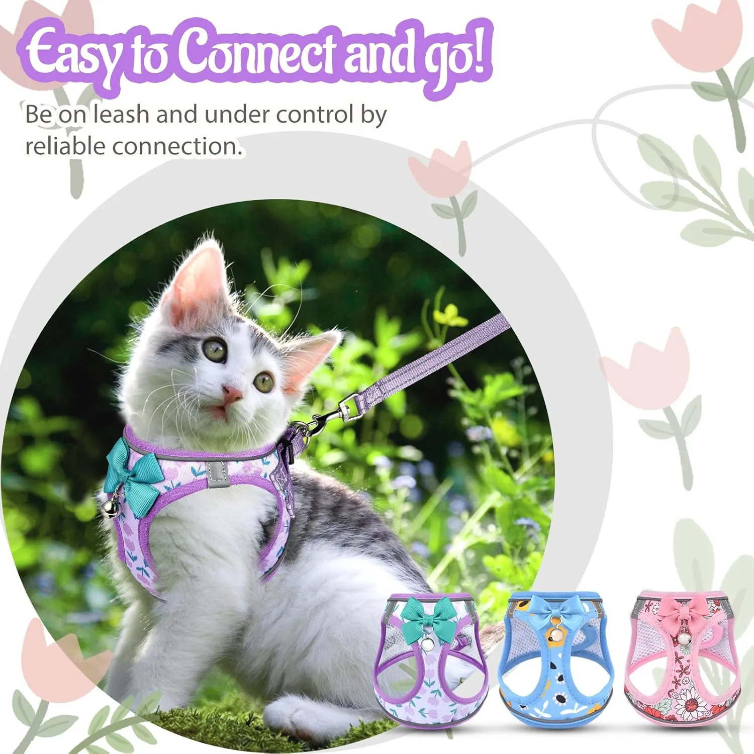 Cat Harness and Leash Escape Proof for Walking, Adjustable Soft Kitten Harness with Reflective Straps Step in Cat Vest Harness for Small Kitten and XS Dogs (Purple, XS-Chest(10.2"-11.8"))
