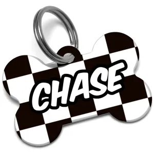 Checker Dog Tag For Dogs Personalized, Checkered Flag Pet ID Tags. Add Your Custom Text, Comes in Dog Bone and Heart Shapes (Medium Bone)