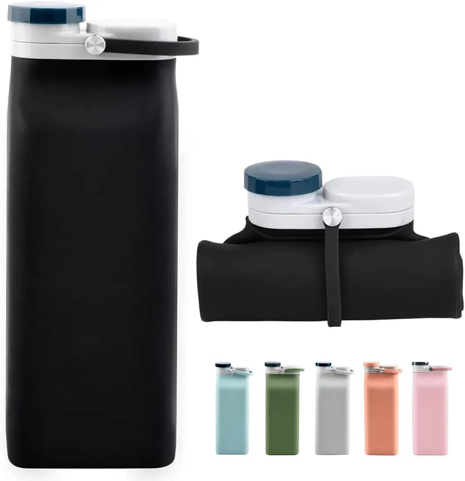 Collapsible Water Bottle BPA Free - 20 oz Foldable Water Bottle for Travel Sports Bottles with Triple Leak Proof Lightweight (Black)