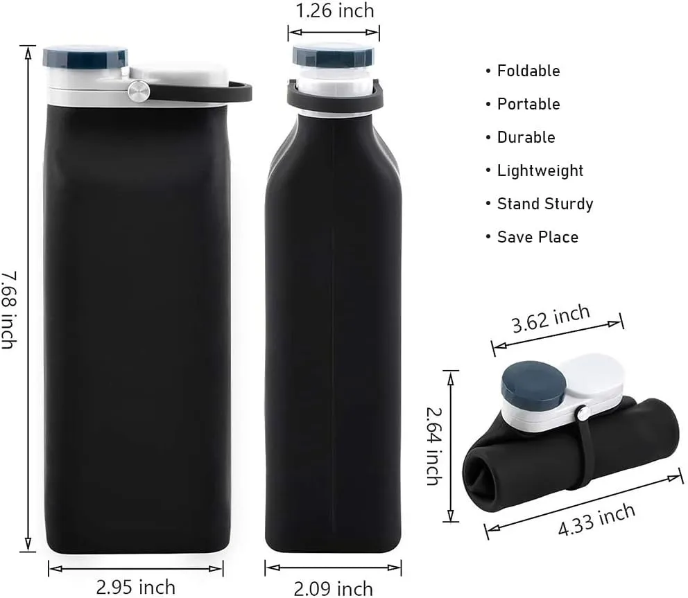 Collapsible Water Bottle BPA Free - 20 oz Foldable Water Bottle for Travel Sports Bottles with Triple Leak Proof Lightweight (Black)
