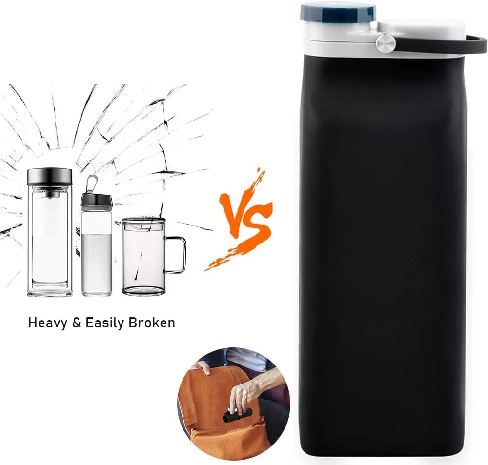 Collapsible Water Bottle BPA Free - 20 oz Foldable Water Bottle for Travel Sports Bottles with Triple Leak Proof Lightweight (Black)