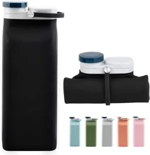Collapsible Water Bottle BPA Free - 20 oz Foldable Water Bottle for Travel Sports Bottles with Triple Leak Proof Lightweight (Black)