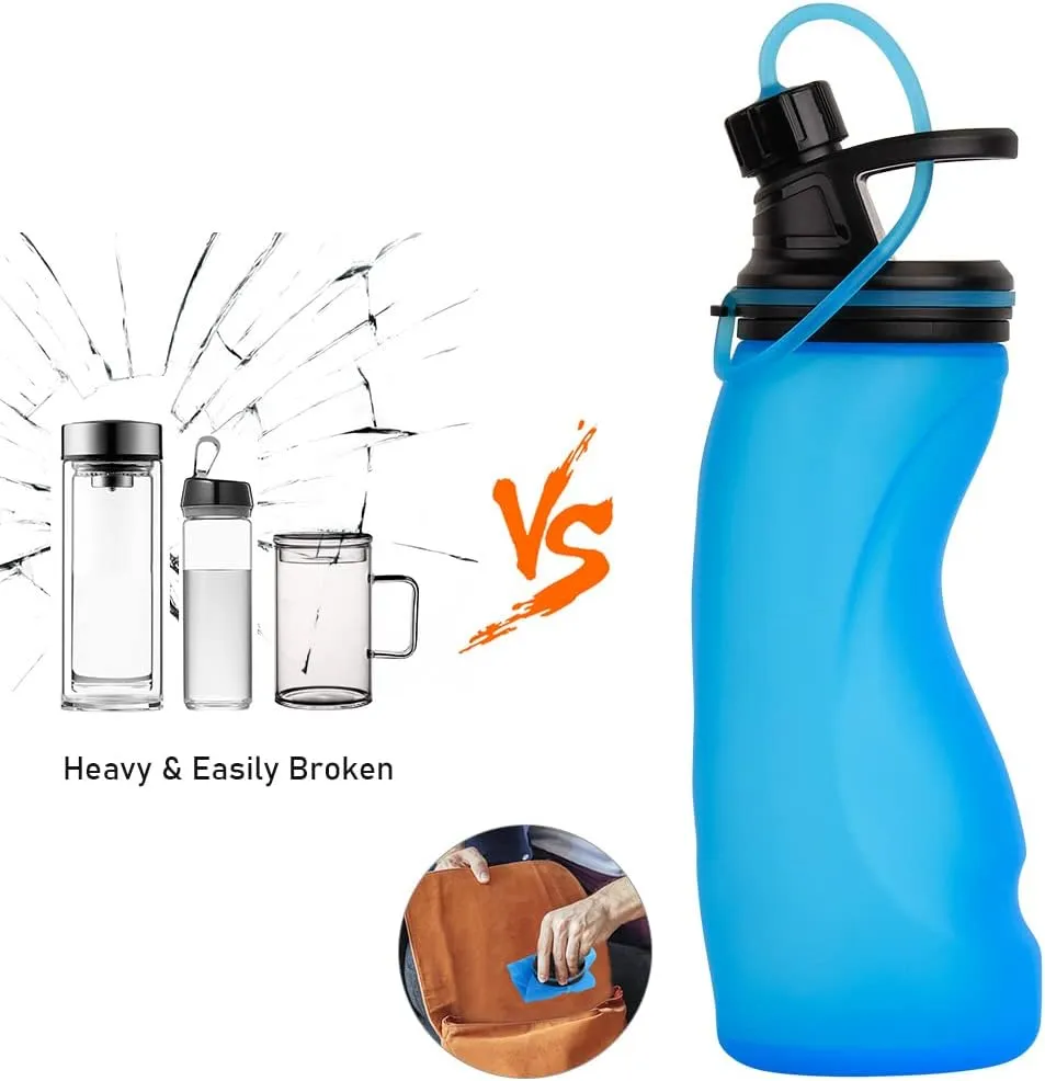 Collapsible Water Bottle BPA Free - Foldable Water Bottle for Travel Sports Bottles with Triple Leak Proof Lightweight 17oz (Upgraded Ocean Blue)