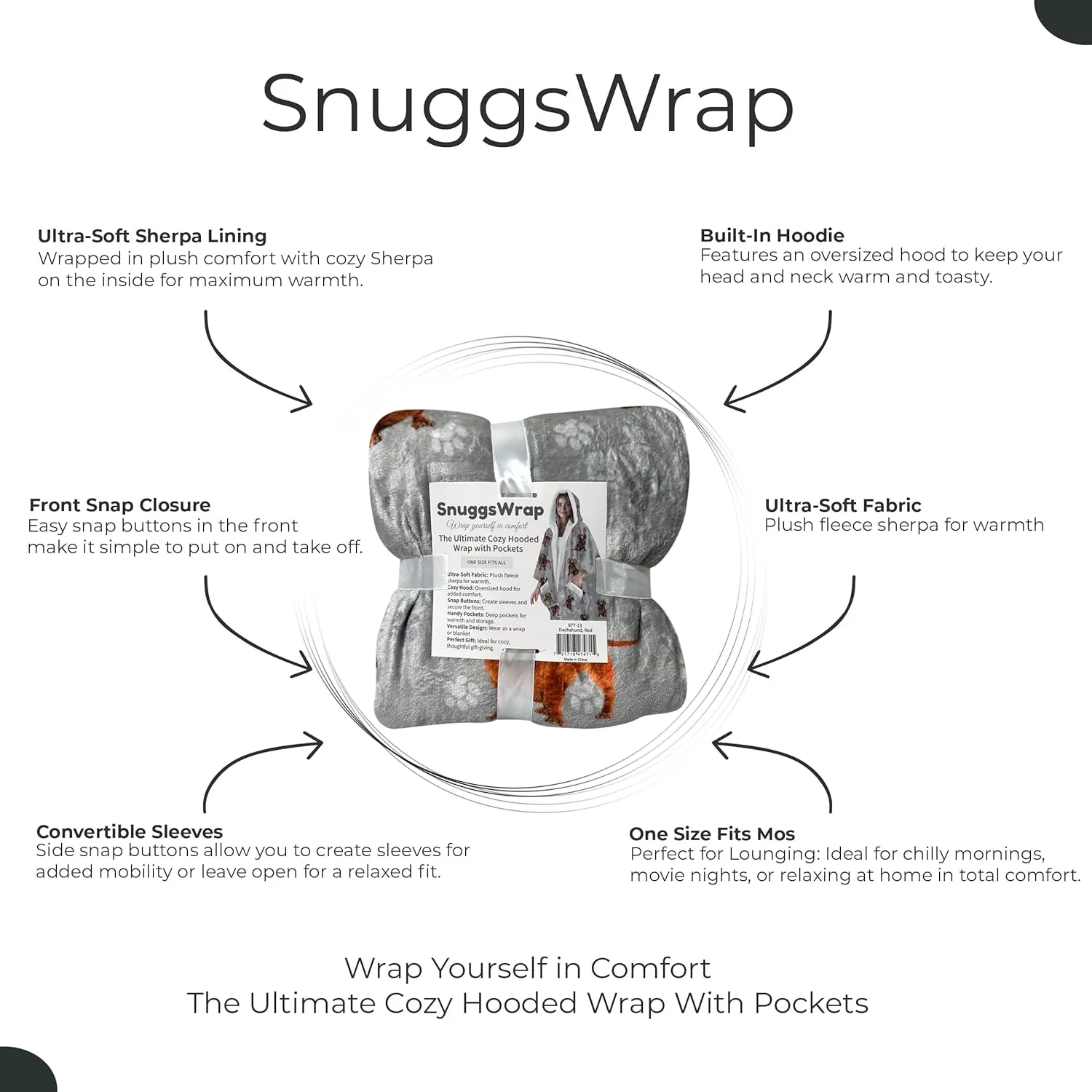 Cozy Sherpa Snugg Wrap for Women - Soft Fleece Blanket Hoodie - 32 Dog and Cat Breeds - Warm Lightweight Gift for Pet Lovers