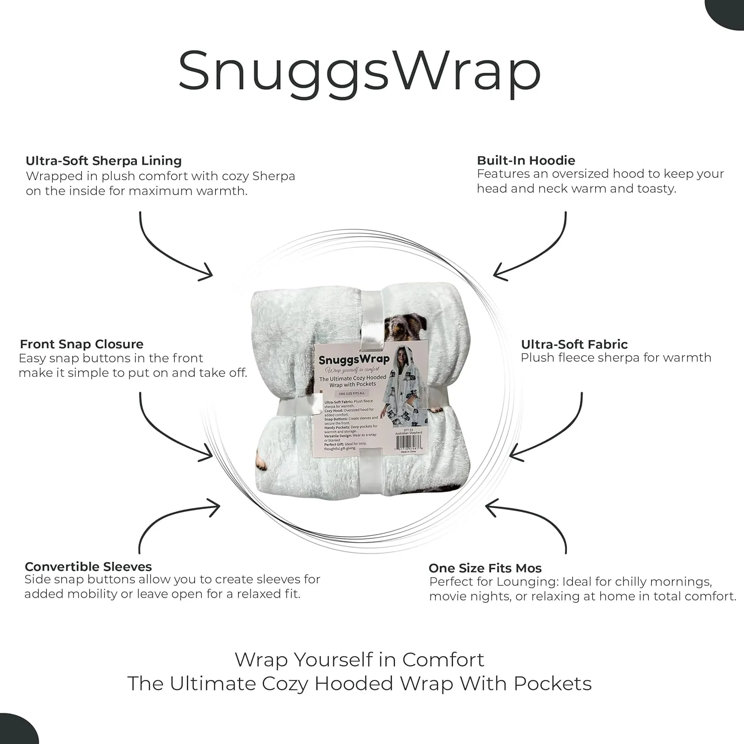Cozy Sherpa Snugg Wrap for Women - Soft Fleece Blanket Hoodie - 32 Dog and Cat Breeds - Warm Lightweight Gift for Pet Lovers