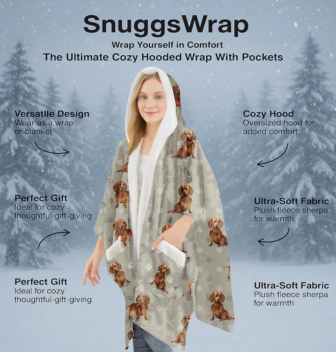 Cozy Sherpa Snugg Wrap for Women - Soft Fleece Blanket Hoodie - 32 Dog and Cat Breeds - Warm Lightweight Gift for Pet Lovers