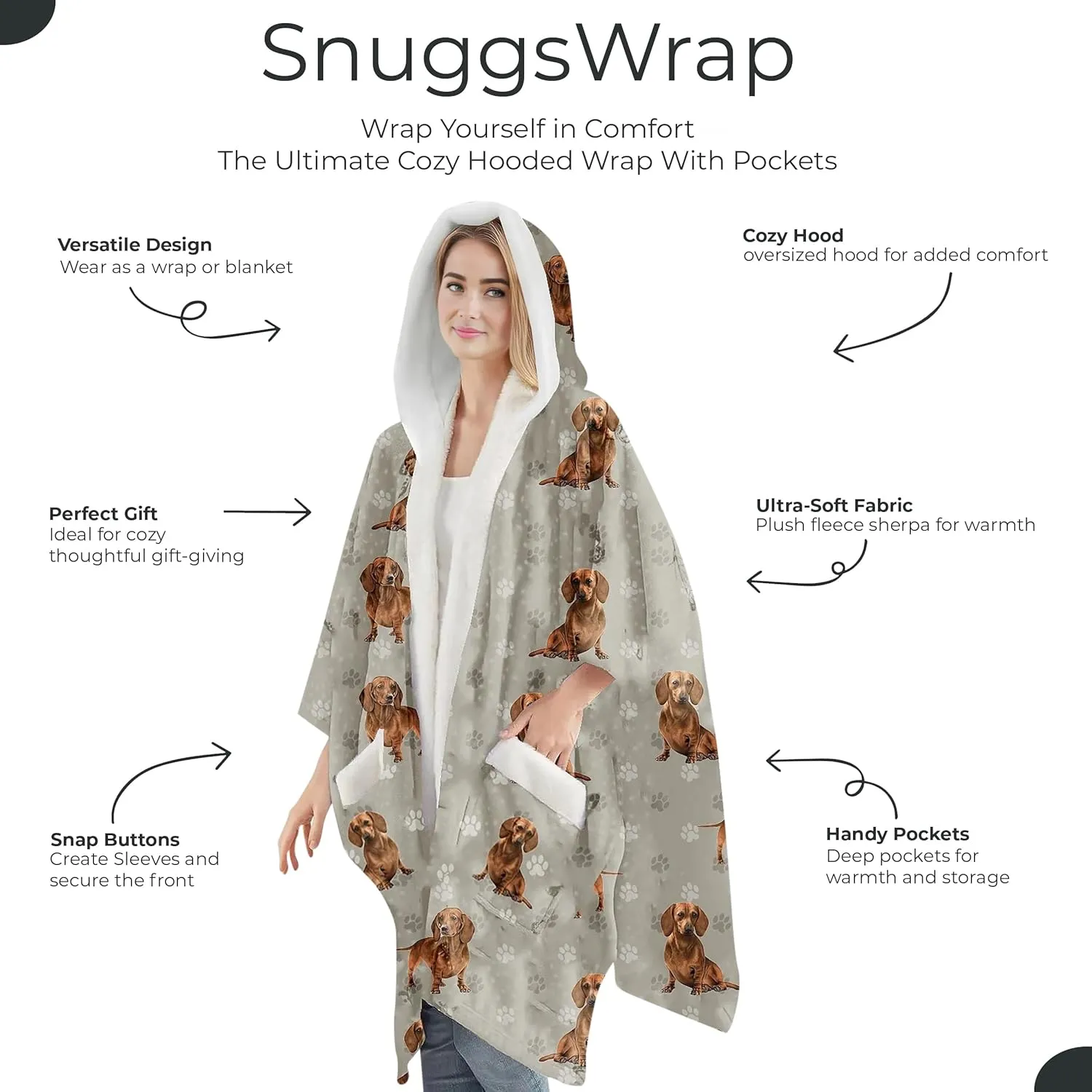 Cozy Sherpa Snugg Wrap for Women - Soft Fleece Blanket Hoodie - 32 Dog and Cat Breeds - Warm Lightweight Gift for Pet Lovers