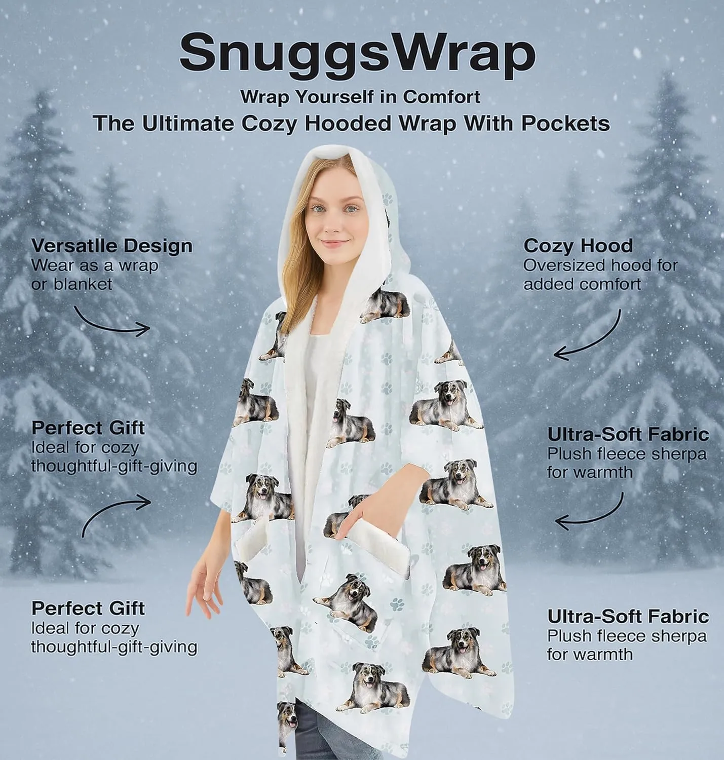 Cozy Sherpa Snugg Wrap for Women - Soft Fleece Blanket Hoodie - 32 Dog and Cat Breeds - Warm Lightweight Gift for Pet Lovers