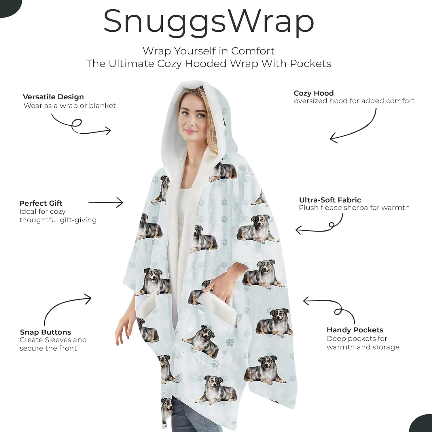 Cozy Sherpa Snugg Wrap for Women - Soft Fleece Blanket Hoodie - 32 Dog and Cat Breeds - Warm Lightweight Gift for Pet Lovers