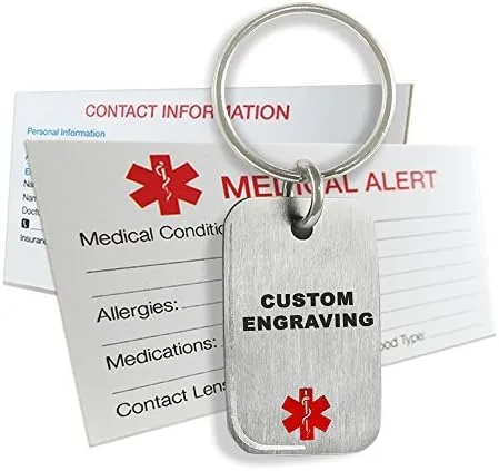 Custom Engraved Medical Alert Dog Tag Keychain, 316L Stainless Steel, Red Symbol