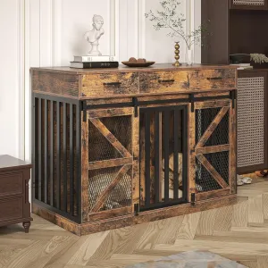 Dog Crate Furniture for Large Dog or 2 Small Dogs, Wooden Large Dog Kennel with 3 Storage Drawers and 2 Sliding Doors, Decorative Dog Cage TV Stand with Removable Divider, Classic Brown