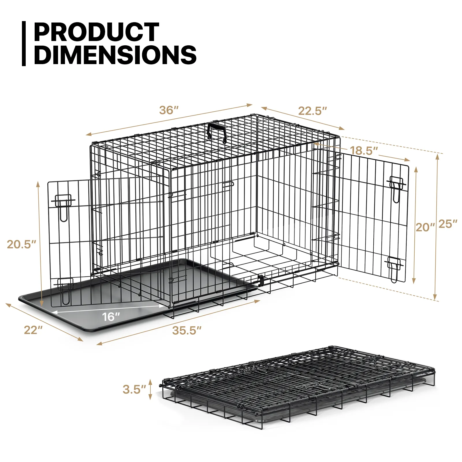 Dog Crate -  Metal Frame - w/Slide-out Tray - Black