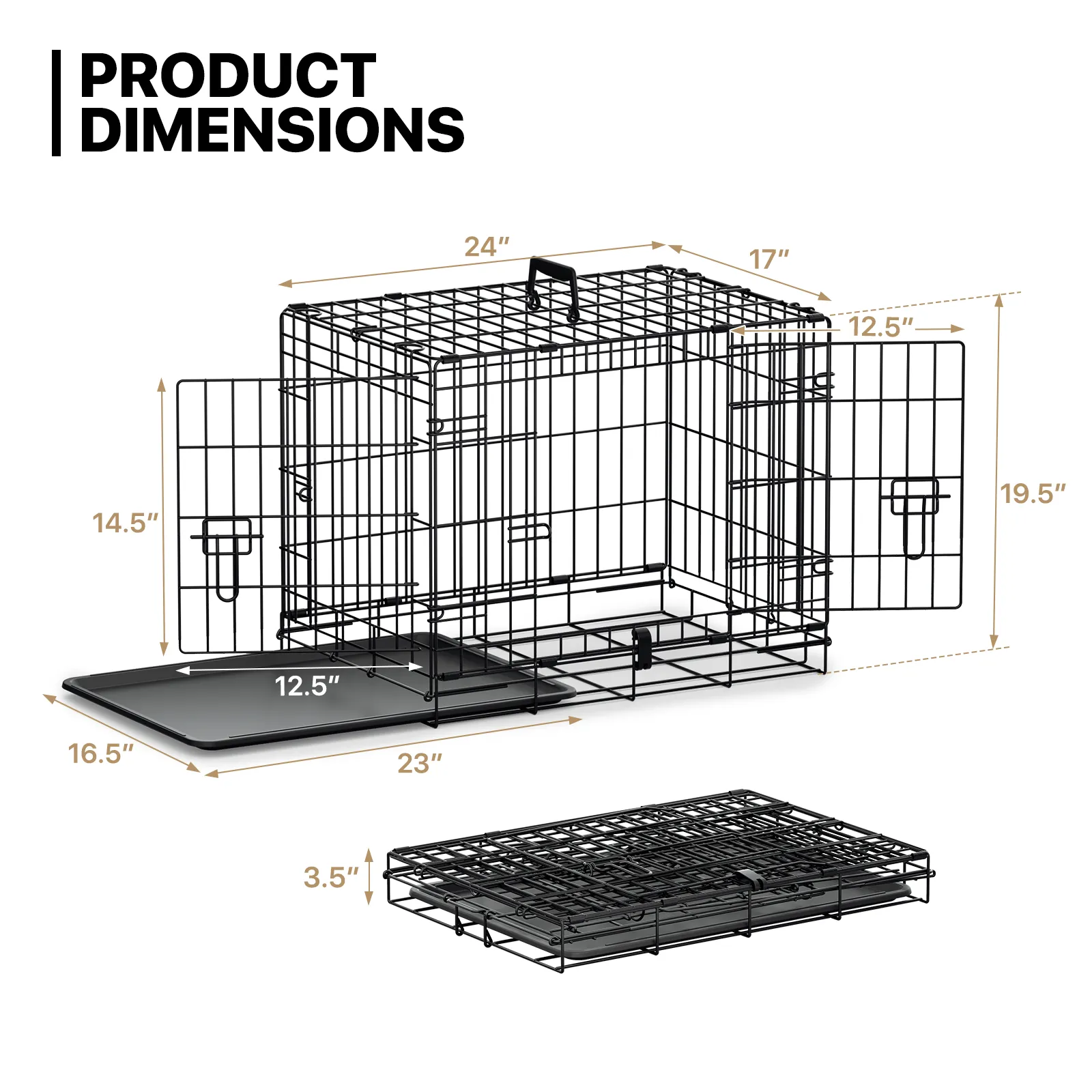 Dog Crate -  Metal Frame - w/Slide-out Tray - Black