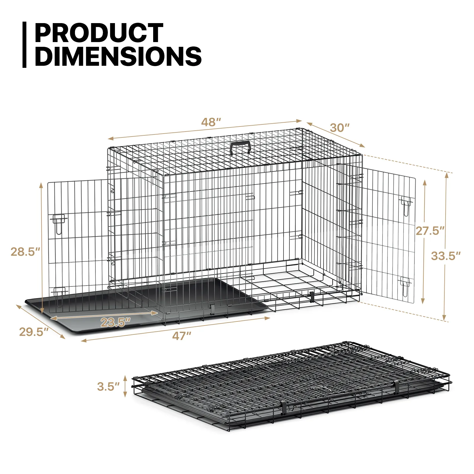 Dog Crate -  Metal Frame - w/Slide-out Tray - Black